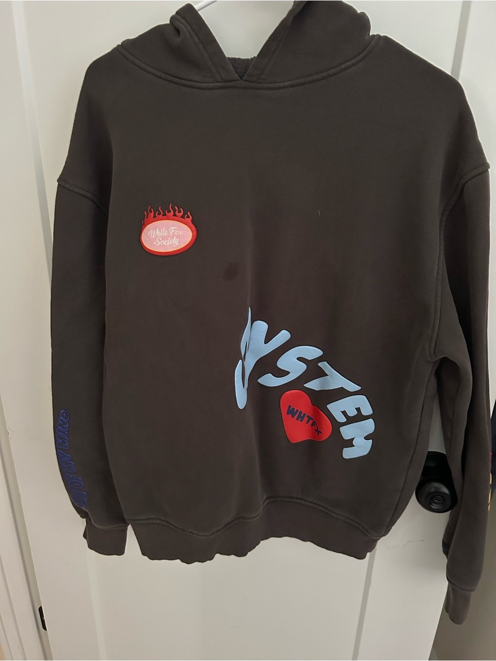 White Fox Boutique Brown Graphic Hoodie with Blue and Red Accents